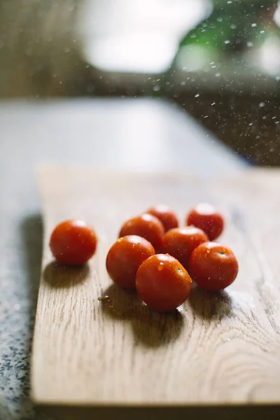 Ripe Cherry Tomatoes Wooden Cutting Board Drops Water Summer Indoors — Stock Photo, Image