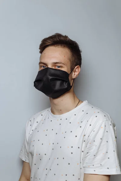 Young Guy Medical Mask White Background Copy Space — Foto de Stock