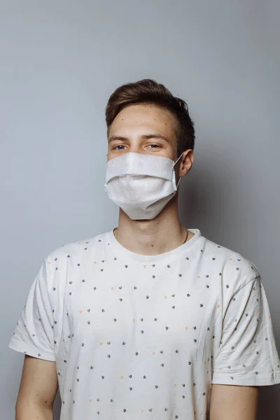 Young Guy Medical Mask White Background Copy Space — стоковое фото