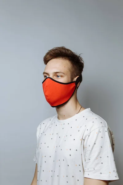 Young Guy Medical Mask White Background Copy Space — Stockfoto