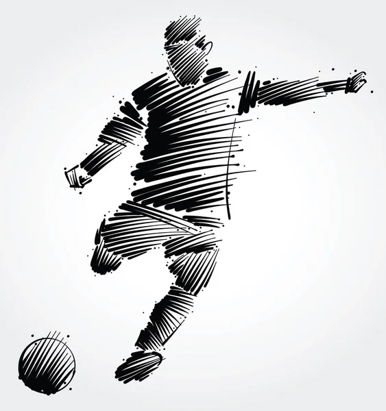 Soccer Player Kicking Ball Made Black Brushstrokes Light Background — Stock Vector