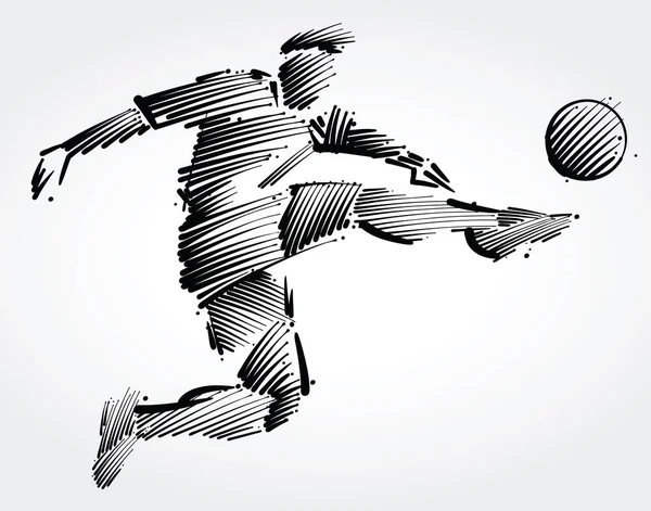 Futbolista Volando Para Patear Pelota Hecha Pinceladas Negras Sobre Fondo — Vector de stock