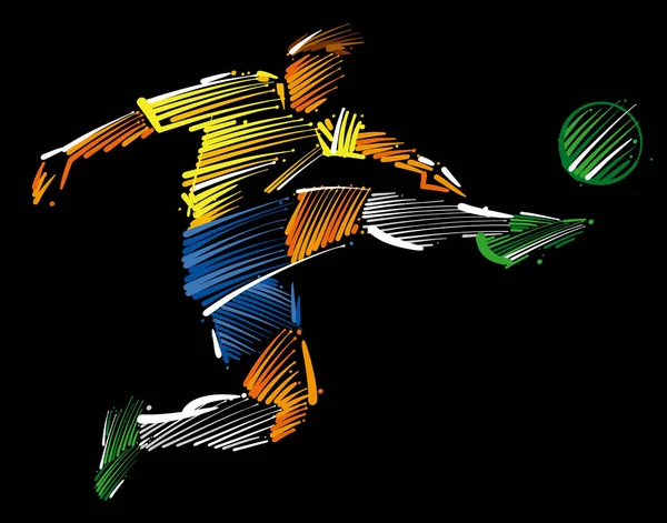 soccer player flying to kick the ball made of colorful brushstrokes on dark background