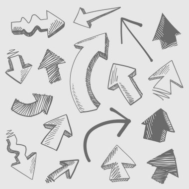 Arkaplanda çizik olarak çizilmiş oklar koleksiyonu. Çeşitli kullanım ve açıklamalar için.