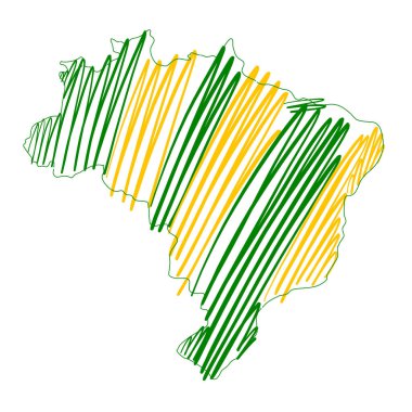 Beyaz arka planda Brezilya haritasının renkli bir çizimi. Yeşil ve sarı fırça darbeleriyle çizim.