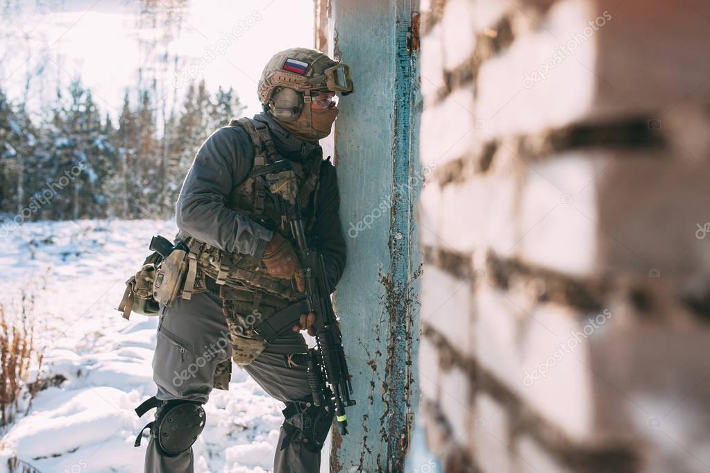 Russian spetsnaz FSB officer in assault gear. Counter-terrorist special forces soldier.