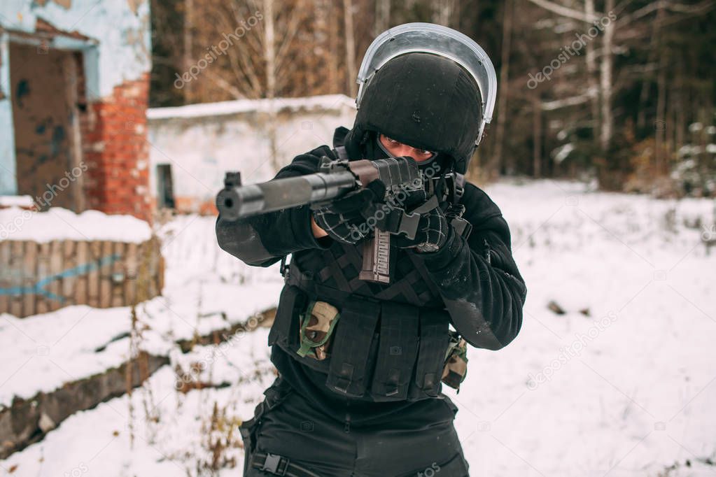 Russian spetsnaz FSB officer in assault gear. Counter-terrorist special forces soldier.