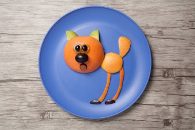 Meyve tabağı ve yönetim kurulu ile yapılan kedi