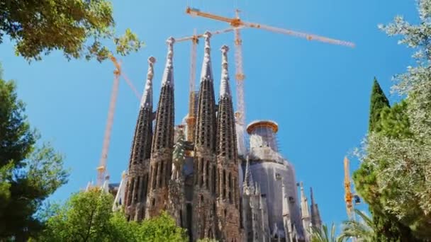 Barcelona, Spanien - juni 20, 2016: Steadicam sköt: den berömda Sagrada Familia templet i sommar — Stockvideo