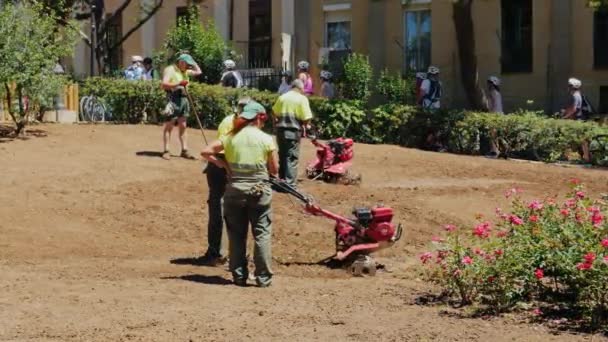 Барселона, Іспанія - 20 червня 2016: Муніципальний садівників, які працюють в клумбі, культивувати землі Культиватори — стокове відео