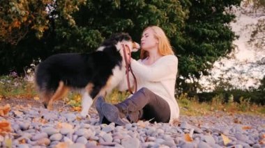 Genç kadın köpeğini okşadı. Çakıl, onun Avustralyalı çoban okşayarak kumsalda oturuyor