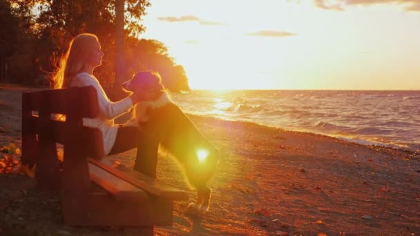 Jeune femme jouant avec son berger australien dans le parc. Assis sur un banc sur un fond de ciel orange au coucher du soleil — Video