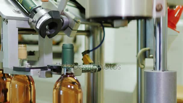 Industrieller Fördermechanismus im Weingut. Flasche mit rosa Wein verschließen — Stockvideo