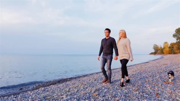 Jovem casal multi-étnico caminhando na praia ao pôr do sol. Homem asiático e mulher caucasiana — Vídeo de Stock