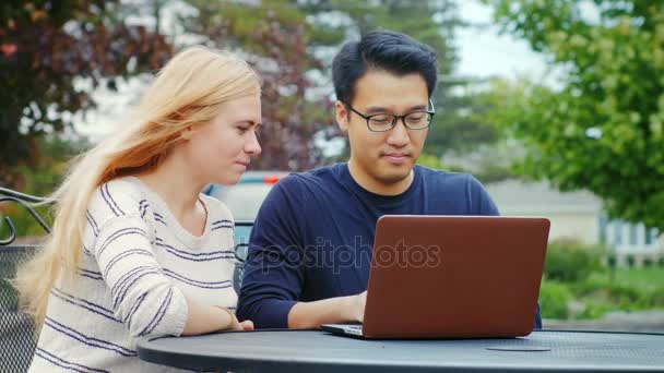 Jeunes amis multiethniques travaillant avec un ordinateur portable. Souriez, amusez-vous bien. — Video