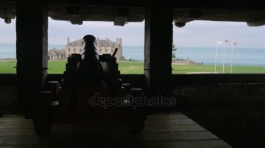 Fort Niagara adlı eski bir top silüeti. Ağaçların gövde görünüyor