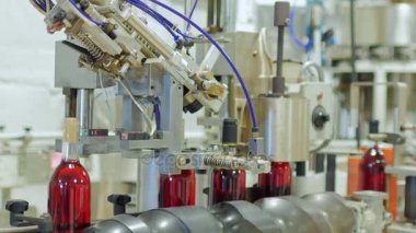 Winery içinde çalışmak. Şarap şişe olduğunu. O zaman, konveyör kemer taşır ve mantarlar kapatır. Kapsül şişeleri üzerinde