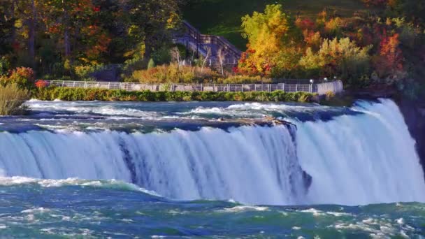 Ünlü şelale Niagara Şelalesi, dünyanın dört bir yanından gelen turistler arasında popüler bir yer. Amerikan tarafı görünümünden. — Stok video