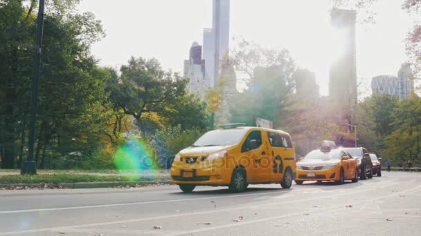 Nueva York, EE.UU. - OKT, 2016: Los famosos taxis amarillos y otros vehículos que viajan por la carretera cerca de Central Park. En el contexto de los rascacielos y el paisaje urbano de Manhattan. En la puesta del sol — Vídeos de Stock
