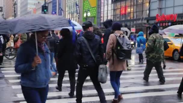 Nueva York, Estados Unidos - OKT, 2016: Lluvia en Manhattan. Los peatones cruzan la calle con sombrillas. Cruce peatonal — Vídeos de Stock