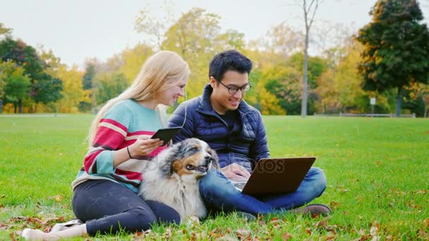 Φοιτητές χαλάρωση στο πάρκο. Ασιατικές άνθρωπος χρησιμοποιεί μια γυναίκα laptop με tablet που κάθεται δίπλα σας. — Αρχείο Βίντεο