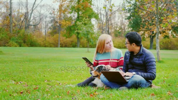 Laptop, tabletta nő férfi. Közelében szeretett ausztrál juhászkutya — Stock videók