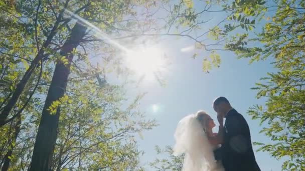 Romantiskt bröllop par badar i solljus. De tittar på varandra — Stockvideo