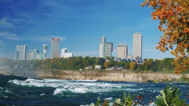 Niagara Falls, Ny - Oktober 21, 2016: Niagara rivier stroomt snel naar de watervallen. Heldere herfstdag — Stockvideo