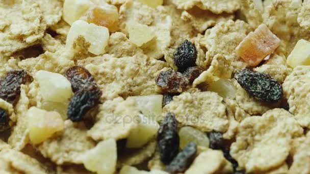 Multigrain pelyhek és darab mazsola és a szárított gyümölcsök. Természetes és egészséges táplálkozás — Stock videók