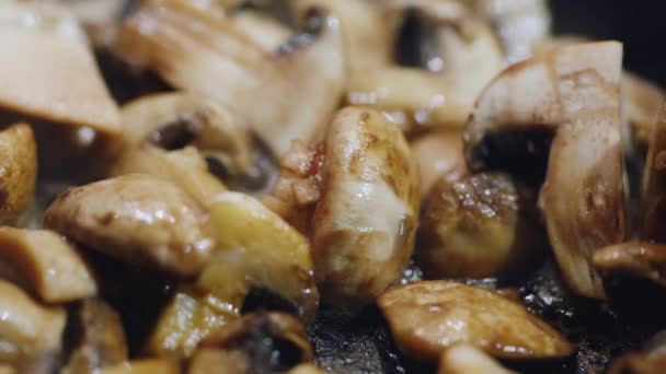Смачні смажені гриби перемішали на сковороді. Приготування смачної їжі — стокове відео