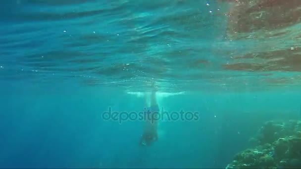 Молодой человек ныряет в море с маской и трубкой. В красивых лучах солнца пашет на дно, где есть кораллы и экзотические рыбы. Большой отпуск и каникулы — стоковое видео