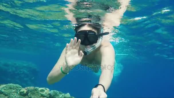 Vakantie op zee. Een gemaskerde man met een buis drijft in de buurt van het oppervlak van het water, zijn hand zwaaien naar de camera — Stockvideo