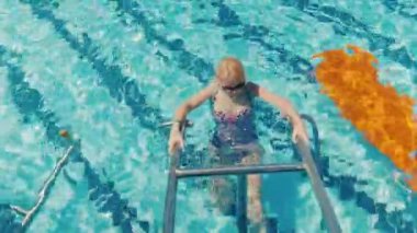 Bir mayo içinde genç bir kadın o özel simülatörü havuzda eğitiyor. Aqua jimnastik ve spor, sağlıklı bir yaşam tarzı