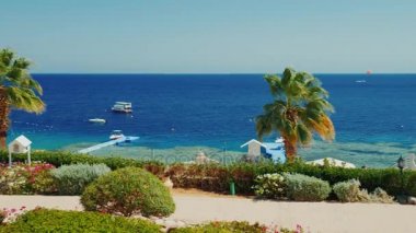 Sharm el Sheikh, Mısır, Mart, 2017: Red Sea - su, avuç içi, turistler için gemi ve bir dalgıç Pontonlar dyal girdiği kıyısında. Mısır'daki deniz üzerine getirin