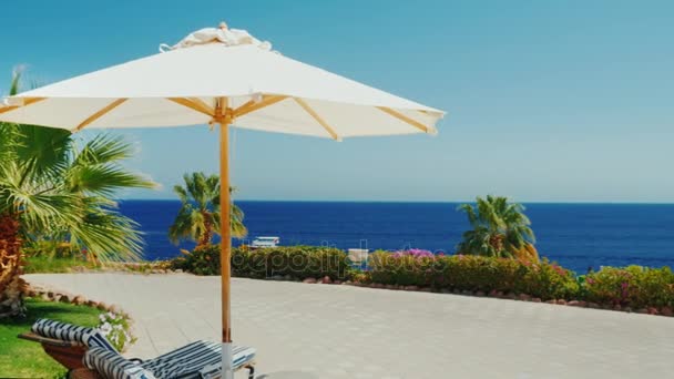 The camera moves to the sea. Past the umbrella and sunbeds. Steadicam shot — Stock Video