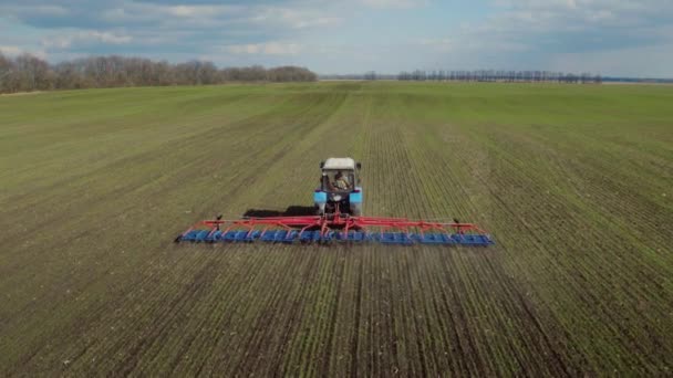 Traktor pracuje v oblasti brzy na jaře. Produkuje hrůzný zabránit ztrátě vlhkosti půdy. 4 k letecká videa — Stock video