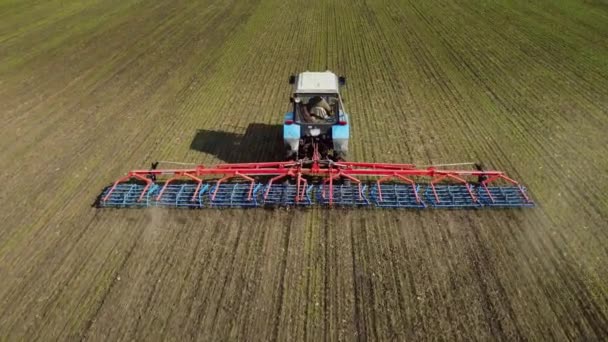 Back view - a tractor in the field in the spring cultivates the earth. Sunny day, blue not about with clouds — Stock Video