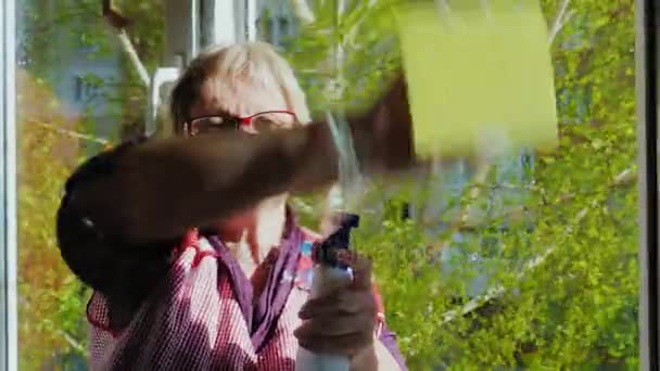 Mujer mayor con una sonrisa haciendo los deberes - lava la ventana. Usa un spray para lavar. Fuera de la ventana, primavera, día soleado — Vídeo de stock