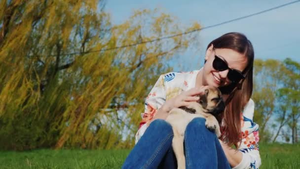 犬と公園の残りの部分し、行くホットドッグのスナックします。彼女のパグと遊ぶ公園の湖に座っている若い女性 — ストック動画