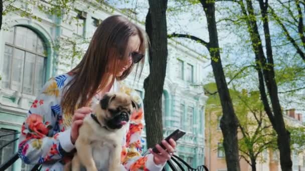 Μια γυναίκα με ένα σκυλί κάθεται σε ένα παγκάκι στο πάρκο. Χρησιμοποιεί ένα κινητό τηλέφωνο — Αρχείο Βίντεο