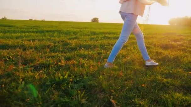 Facilidad de movimiento y salud. Los pies femeninos corren a lo largo del prado verde, junto a los globos. Ninguna persona reconocible. Movimiento lento — Vídeo de stock