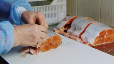 El emeği balık Fabrikası'nda. Bir kadının elleri ile daha fazla sigara için ip sarma kırmızı balık leşleri işleniyor