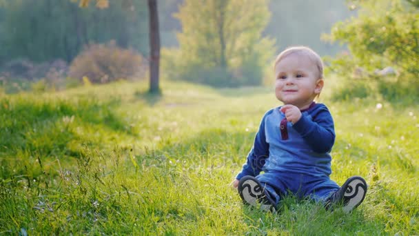 Смішний хлопчик сидить на зеленому лузі, посміхаючись — стокове відео
