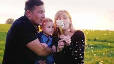 Annem ve babam bir yıl oğlu ile oynamak. Birlikte bir karahindiba üzerinde üfleme. Ağır çekim