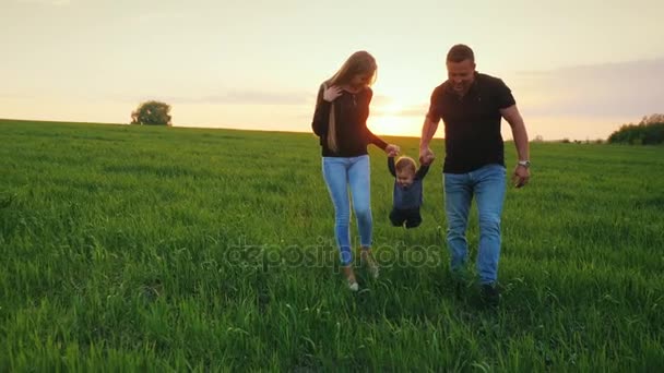 A happy couple of parents with a small son are walking across the field towards the sunset. Happy family with a child — Stock Video