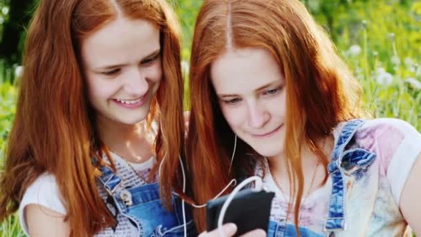 Retrato de dos hermanas gemelas lindas con el pelo rojo. Juntos miran a la pantalla del teléfono inteligente, descansan en la naturaleza — Vídeos de Stock