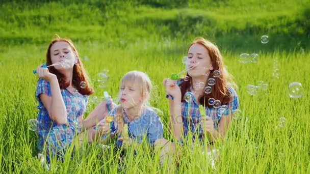 Drie zusters spelen op een groene weide met zeepbellen. Veel plezier samen, gelukkige kindertijd — Stockvideo
