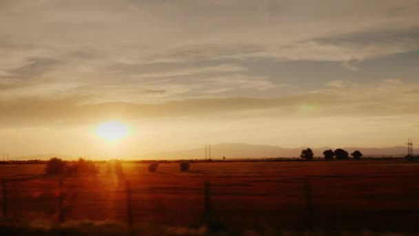 Campo pitoresco ao pôr-do-sol. Campos e vinhas na Europa, vista da janela do carro. ProRes 10 bits de vídeo — Vídeo de Stock