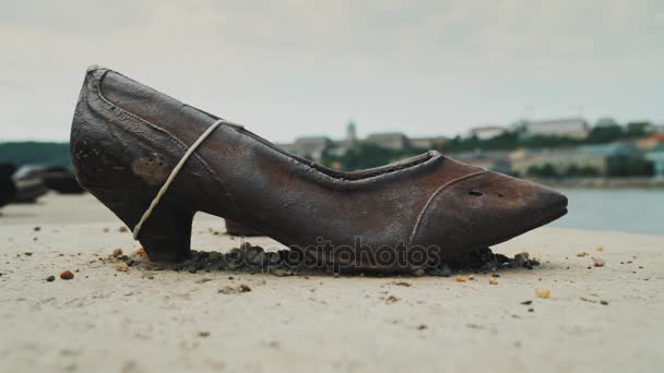 Budapest, Ungheria, giugno 2017: Memorial Holocaust. Scarpe di ferro sulla riva del Danubio a Budapest, Ungheria . — Video Stock