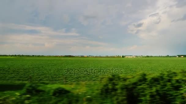Pohled z okna auta - cesta přes pole a malebné krajině. 10 bit Prores kodek — Stock video